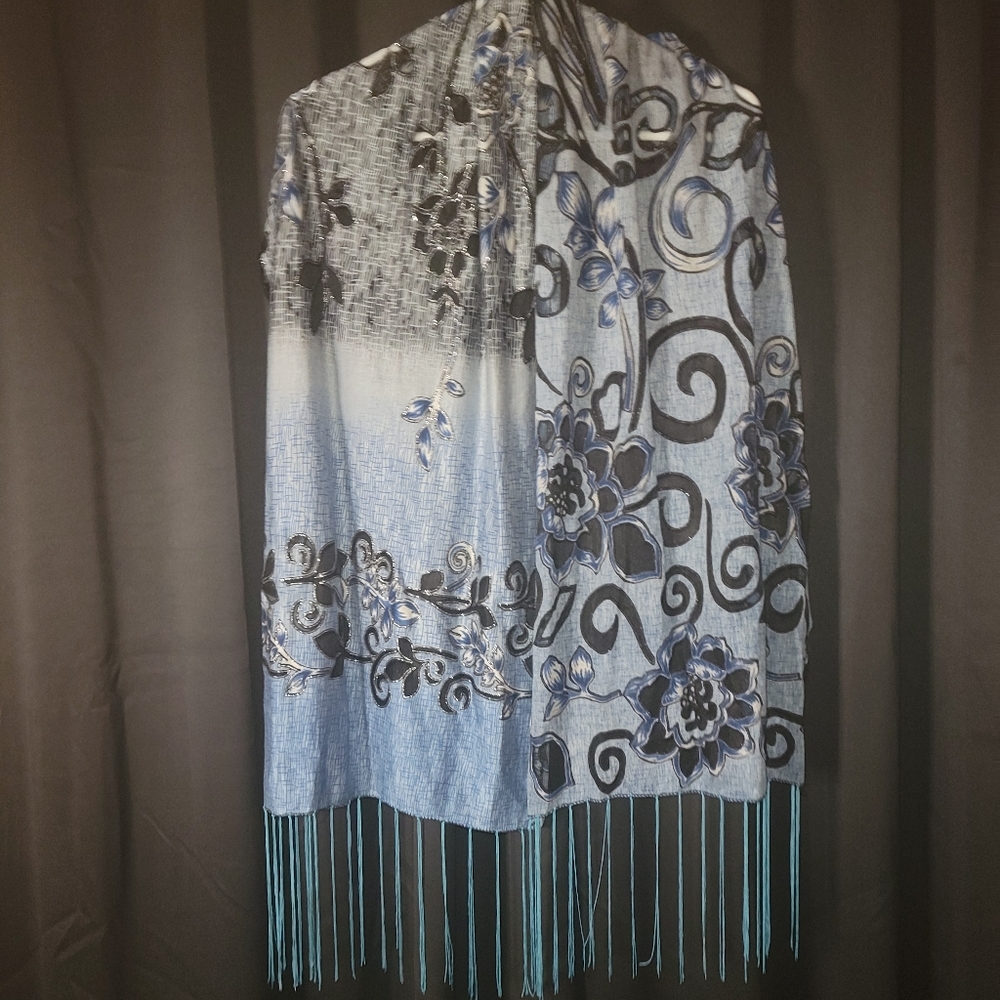 Fringe Blue Fade Scarf Shawl Glitter Lace Black Floral Cutout Multi Media